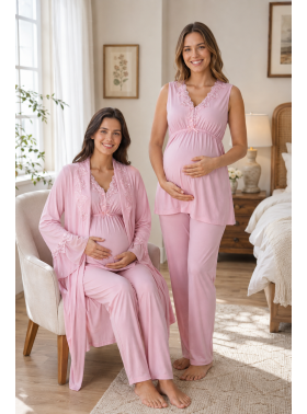 Effortt 5064 Pudra Pembe Sıfır Kol Dantelli Sabahlıklı Lohusa Pijama Takımı